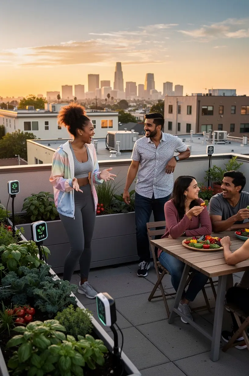 A diverse group of residents participating in a smart city workshop focused on technology adoption and neighborhood safety.