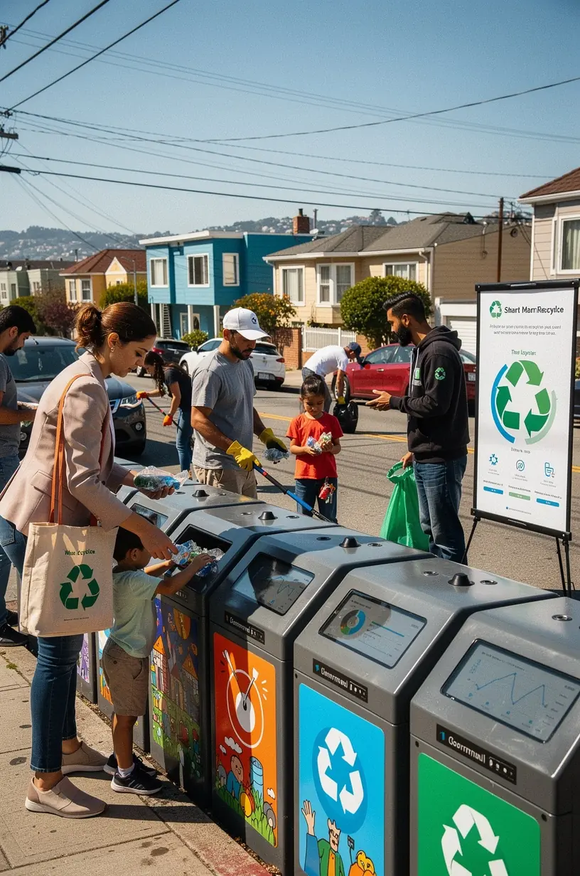 A community park featuring residents using a mobile app to access local events and amenities in an urban district.