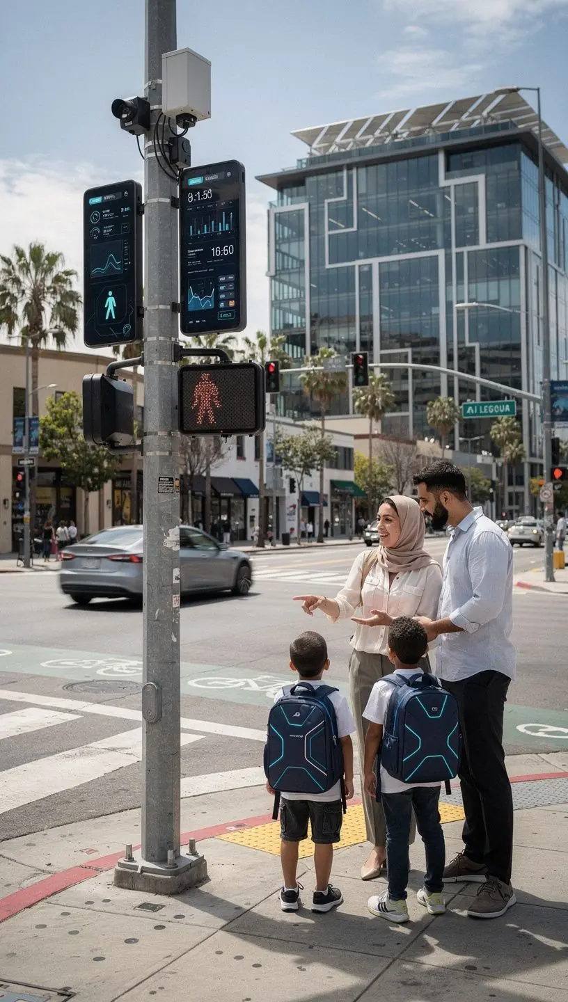 Illustration of a smart home system controlling lighting, temperature, and security remotely in a typical California residence.